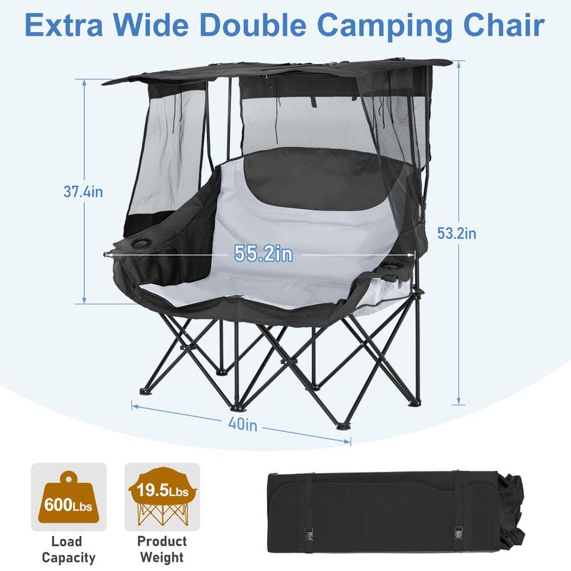 XXXL Oversized Double Camping Chair with Shade Canopy, 2 Person Folding Beach Chair with Cup Holder Carrying Bag, Heavy Duty Loveseat for Outdoor Garden Patio Lawn Sports