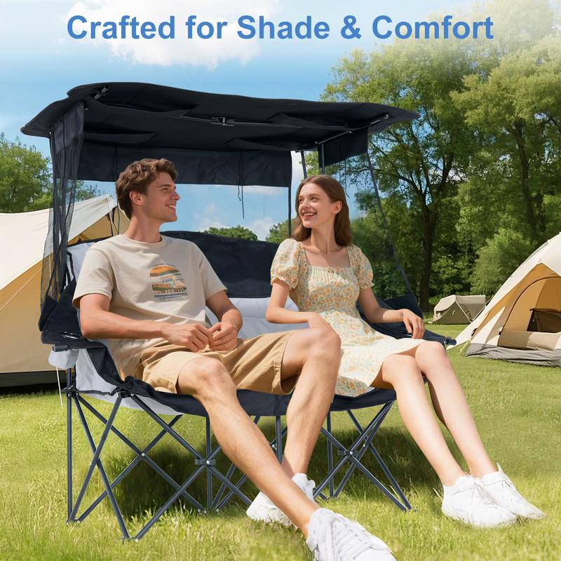 XXXL Oversized Double Camping Chair with Shade Canopy, 2 Person Folding Beach Chair with Cup Holder Carrying Bag, Heavy Duty Loveseat for Outdoor Garden Patio Lawn Sports