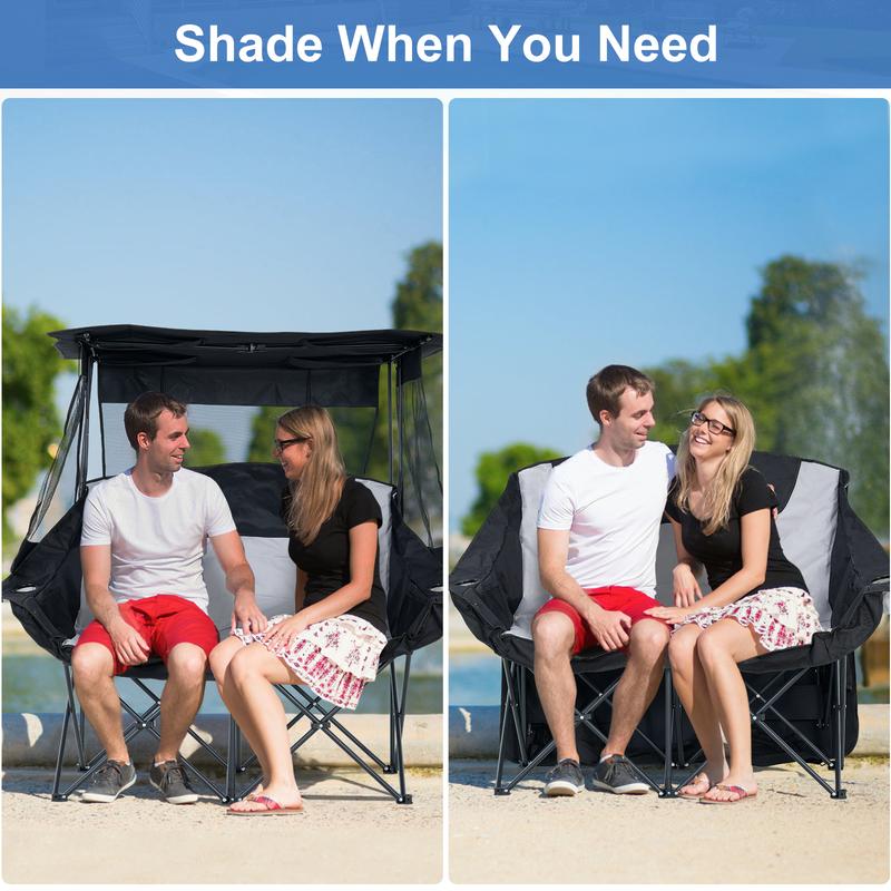 XXXL Oversized Double Camping Chair with Shade Canopy, 2 Person Folding Beach Chair with Cup Holder Carrying Bag, Heavy Duty Loveseat for Outdoor Garden Patio Lawn Sports