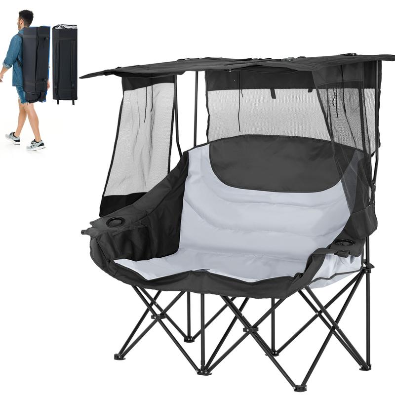 XXXL Oversized Double Camping Chair with Shade Canopy, 2 Person Folding Beach Chair with Cup Holder Carrying Bag, Heavy Duty Loveseat for Outdoor Garden Patio Lawn Sports