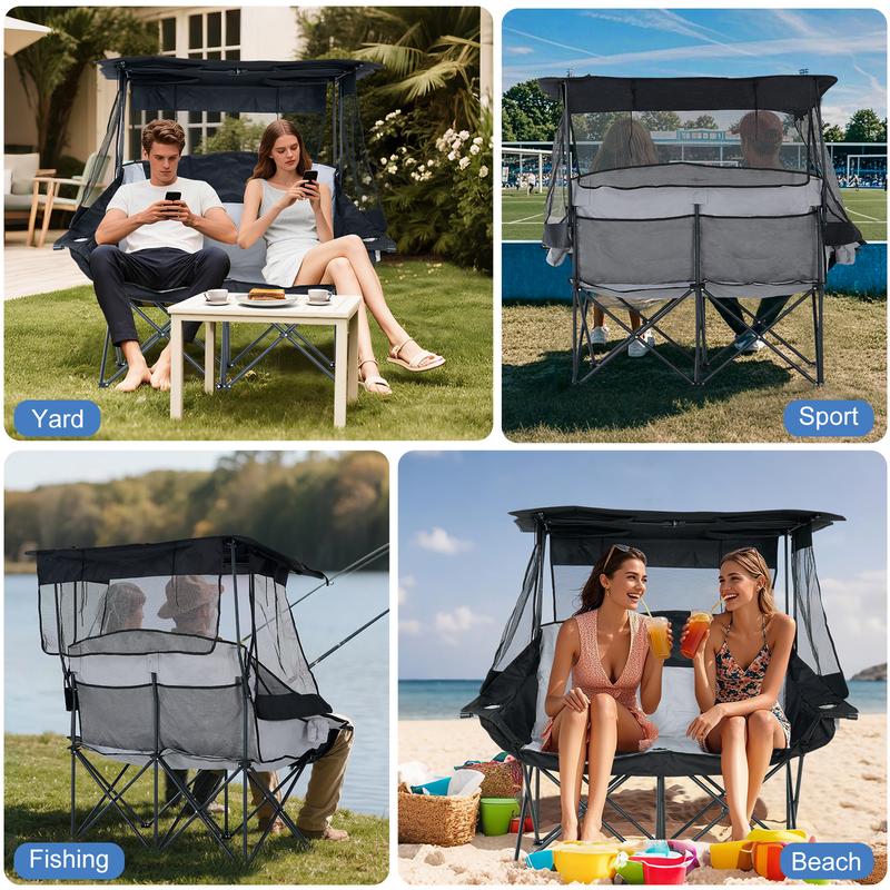 XXXL Oversized Double Camping Chair with Shade Canopy, 2 Person Folding Beach Chair with Cup Holder Carrying Bag, Heavy Duty Loveseat for Outdoor Garden Patio Lawn Sports