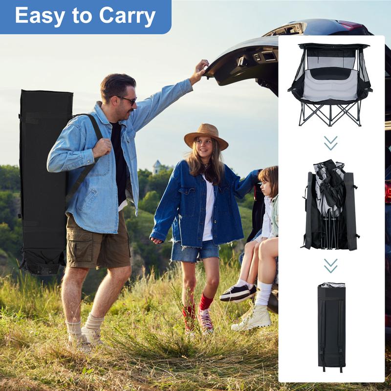 XXXL Oversized Double Camping Chair with Shade Canopy, 2 Person Folding Beach Chair with Cup Holder Carrying Bag, Heavy Duty Loveseat for Outdoor Garden Patio Lawn Sports