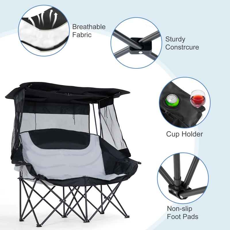 XXXL Oversized Double Camping Chair with Shade Canopy, 2 Person Folding Beach Chair with Cup Holder Carrying Bag, Heavy Duty Loveseat for Outdoor Garden Patio Lawn Sports