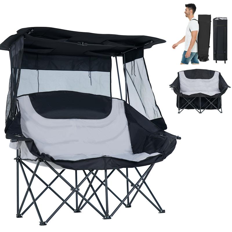 XXXL Oversized Double Camping Chair with Shade Canopy, 2 Person Folding Beach Chair with Cup Holder Carrying Bag, Heavy Duty Loveseat for Outdoor Garden Patio Lawn Sports