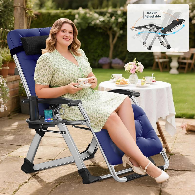 XL Zero Gravity Chair, Oversized XL Folding Reclining Lounge Chair with Removable Cushion & Tray for Indoor and Outdoor, Patio Recliner Folding Reclining Chair