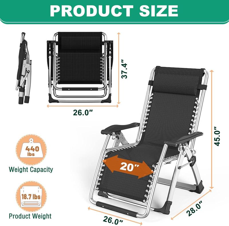 XL Zero Gravity Chair, Oversized XL Folding Reclining Lounge Chair with Removable Cushion & Tray for Indoor and Outdoor, Patio Recliner Folding Reclining Chair