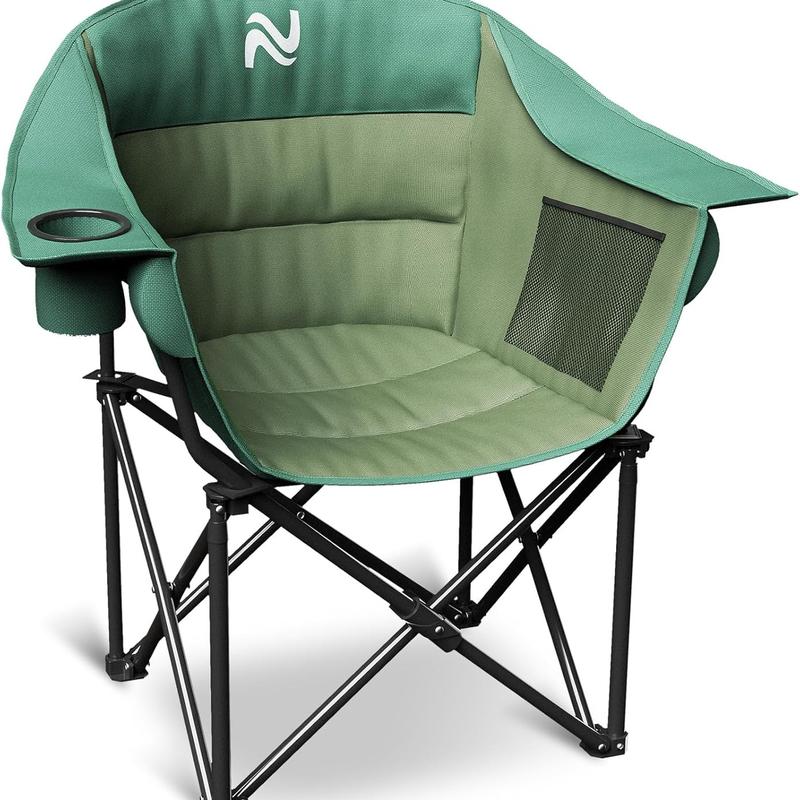 Oversized Padded Camping Chair – Heavy Duty Folding Outdoor Chair with Armrests, Cup Holder & Side Pockets, Portable Lawn Chair for Beach, Picnic, Fishing, Backpacking