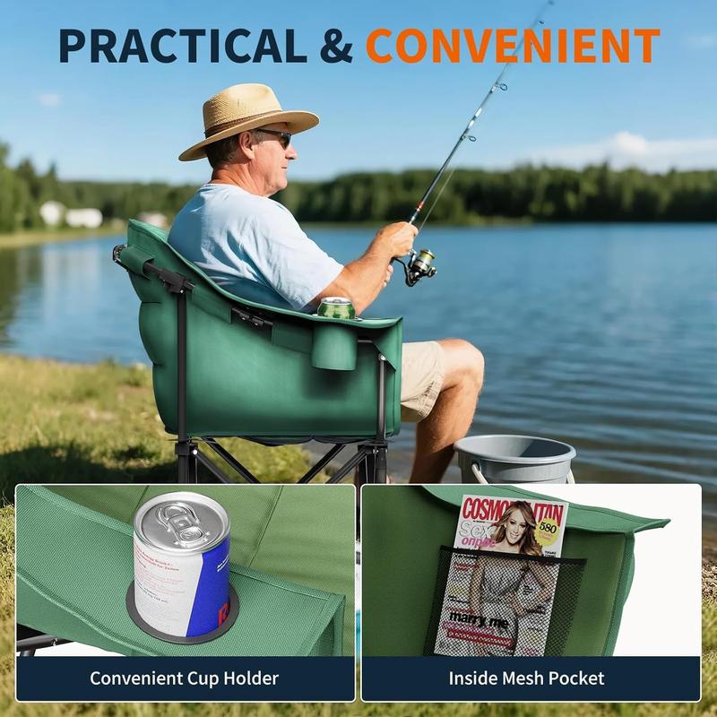 Oversized Padded Camping Chair – Heavy Duty Folding Outdoor Chair with Armrests, Cup Holder & Side Pockets, Portable Lawn Chair for Beach, Picnic, Fishing, Backpacking