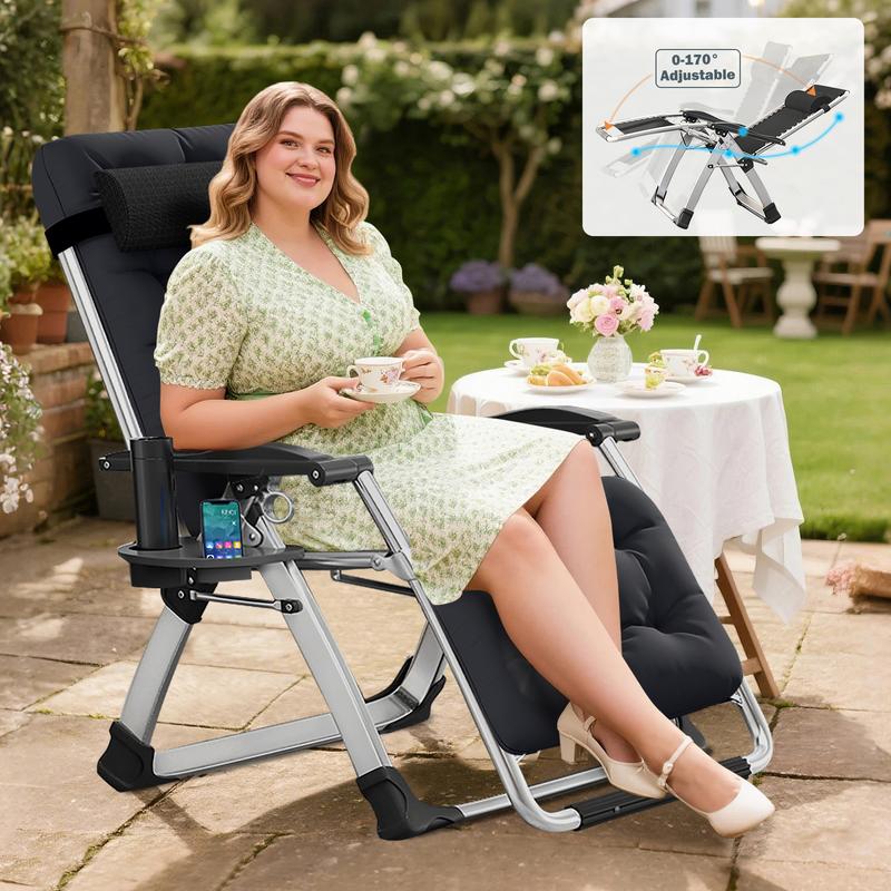 XL Zero Gravity Chair, Oversized XL Folding Reclining Lounge Chair with Removable Cushion & Tray for Indoor and Outdoor, Patio Recliner Folding Reclining Chair