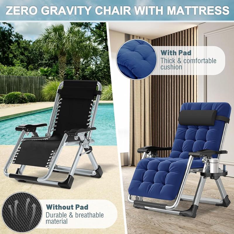 XL Zero Gravity Chair, Oversized XL Folding Reclining Lounge Chair with Removable Cushion & Tray for Indoor and Outdoor, Patio Recliner Folding Reclining Chair