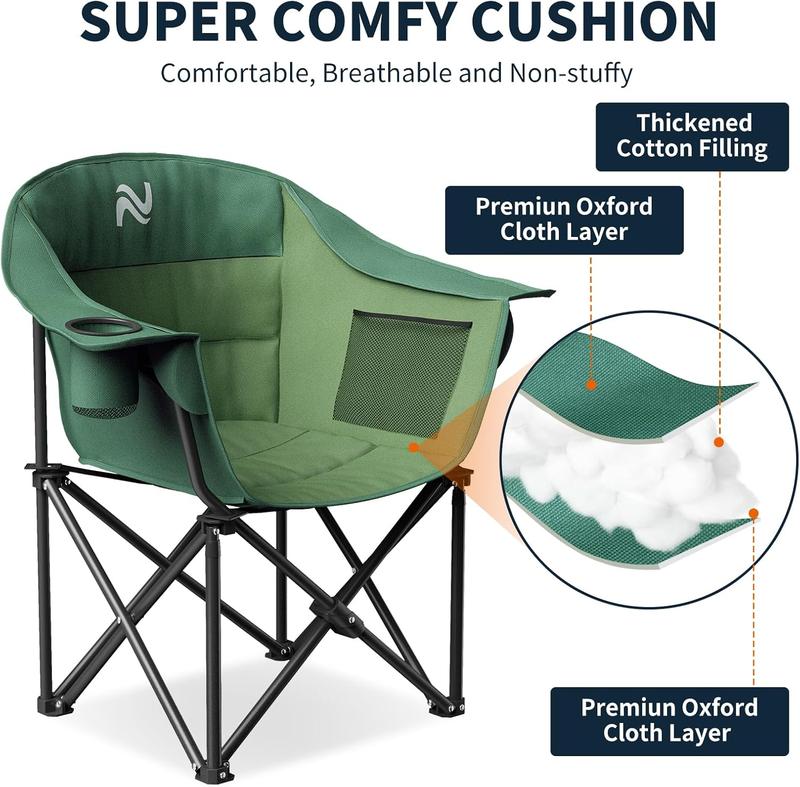 Oversized Padded Camping Chair – Heavy Duty Folding Outdoor Chair with Armrests, Cup Holder & Side Pockets, Portable Lawn Chair for Beach, Picnic, Fishing, Backpacking