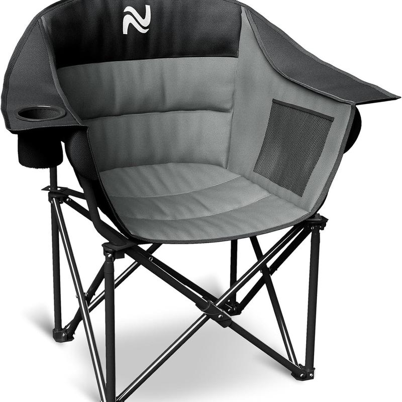 Oversized Padded Camping Chair – Heavy Duty Folding Outdoor Chair with Armrests, Cup Holder & Side Pockets, Portable Lawn Chair for Beach, Picnic, Fishing, Backpacking